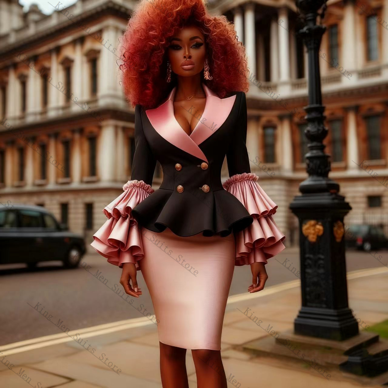Women Formal Wear Blazer Set - Siyah Pembe Kadın Takım Elbise Seti