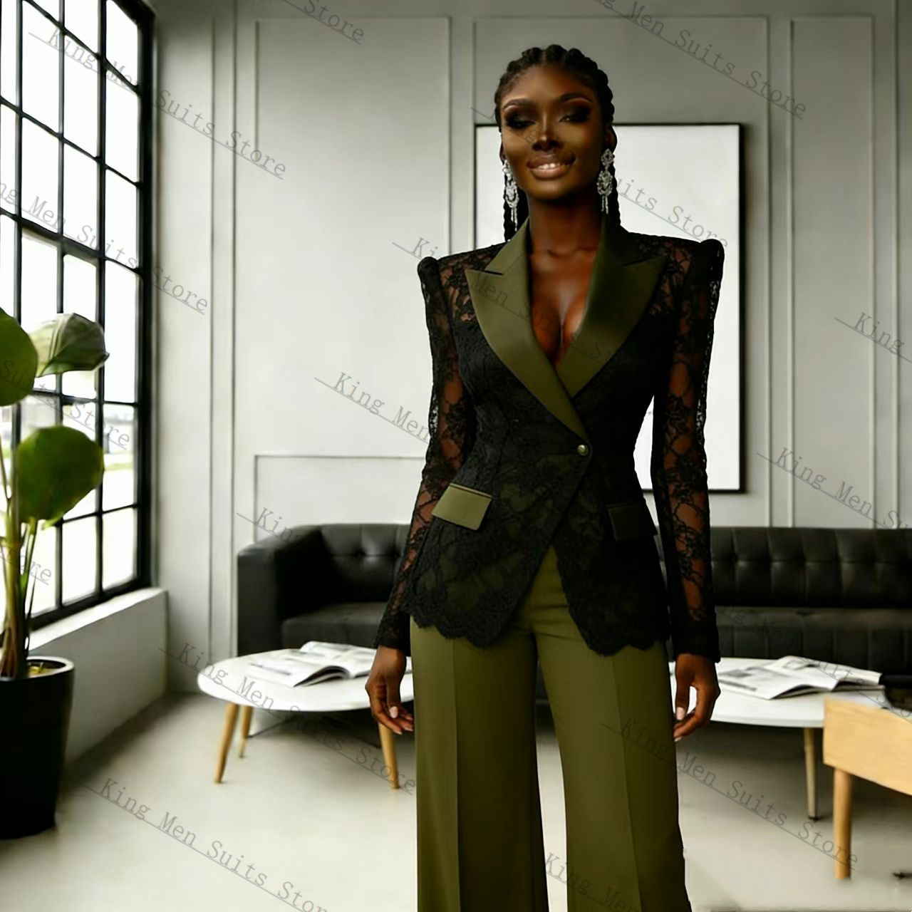 Women Formal Wear Trousers - Yeşil Siyah Dantel Kadın Takım Elbise