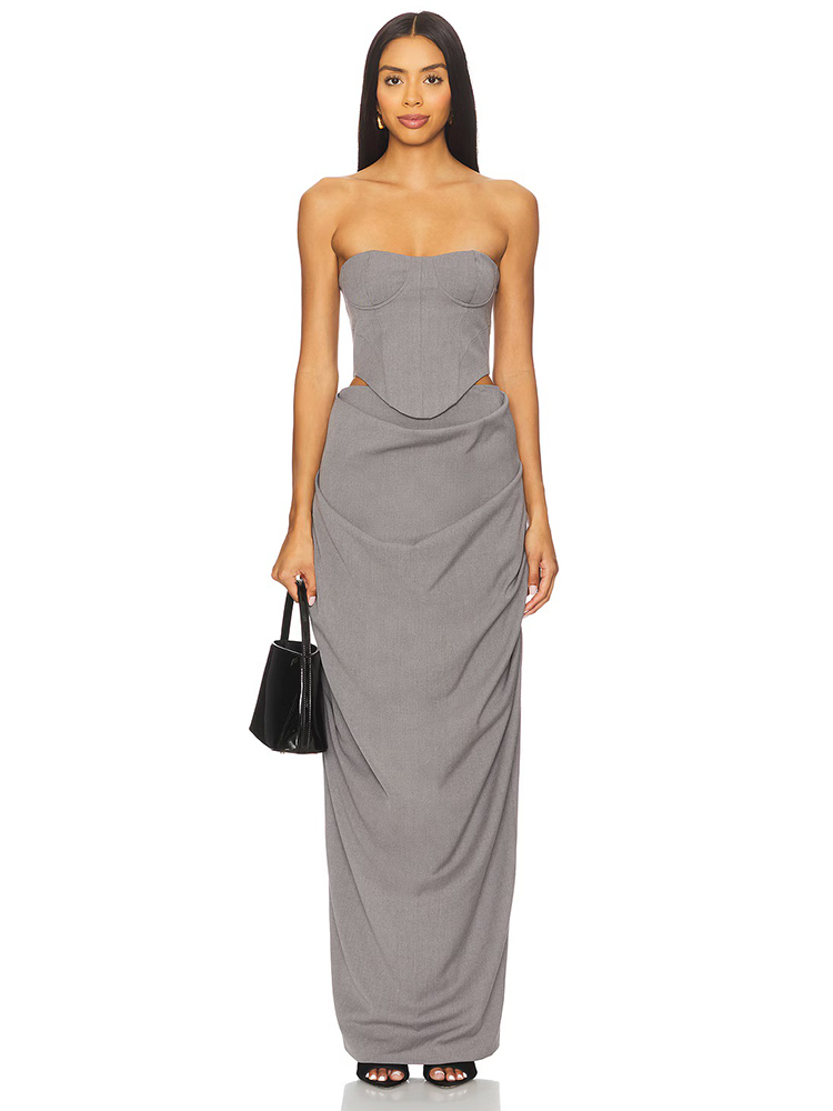 Shift Dress Sleeveless - Gri Omuzları Açık Korseli Büzgülü Elbise
